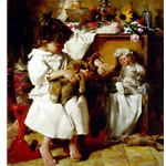 Still the Favorite - Girl playing with dolls and Teddy Bear by figurative artist Morgan Weistling