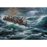 Peace! Be still! - Jesus in boat on stormy seas by Christian artist James Seward