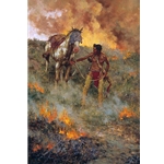 Test of Courage - Indian leading his horse through prairie fire by western artist Howard Terpning