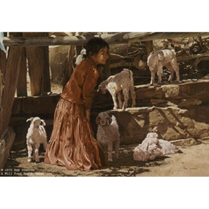 Playing With the Kids - Native American girl with goats by artist Ray Swanson