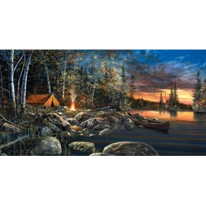 Twilight Fire - canoe campsite by wildlife artist Jim Hansel