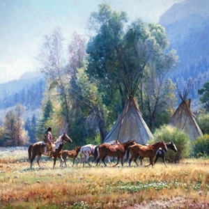 Back from the River - Indian warrior bringing horses back to camp by Martin Grelle