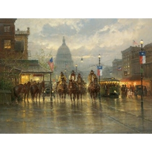 Cowhands on Congress Avenue in old Austin Texas turn of the century view of changes with trolley cars and cowboys in the rain on Congress Ave. by Texas artist G. Harvey.