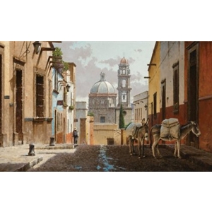 Buenos Dias San Miguel - donkeys in the old town by artist George Hallmark