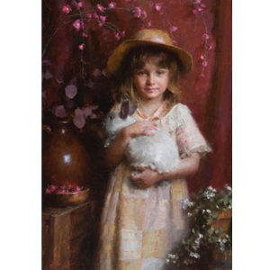 Alice - young girl holding her pet white rabbit by artist Morgan Weistling