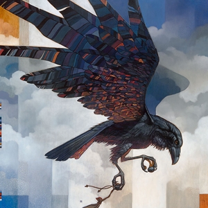 First Land - raven with pouch & stone by artist Craig Kosak