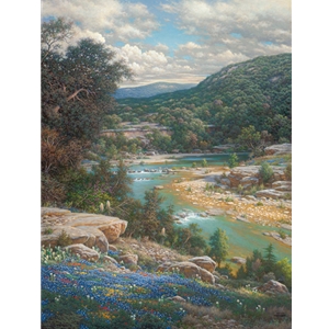 ~ Cliffs of the Nueces - bluebonnets and stream by artist Larry Dyke