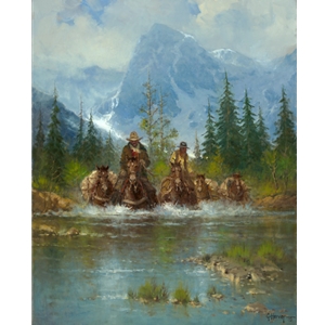 ~ Land of the Tetons - cowboys lead packhorses through river by G. Harvey