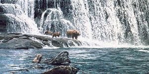 Grizzlies at the Falls by wildlife artist Ron Parker
