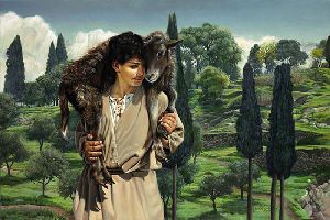 The Lamb of God - Young boy Jesus carrying lamb by religious artist Liz Lemon Swindle