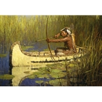 Solitary Hunter - Woodland Indian hunter in canoe by western artist Zhou S. Liang