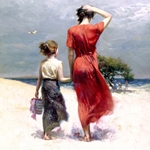 Afternoon Stroll - mother and daughter walking along shore by Mediterranean artist Pino