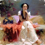 First Glance - portrait of dark haired woman seated by Mediterranean artist Pino