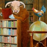 Cock and Bull Story - in a library by humorous artist Will Bullas