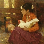 Navajo Girl - child with chickens by western artist Zhou S. Liang