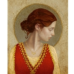 Saint Apollonia - Woman with red dress and halo by James Christensen