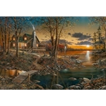 Comforts of Home - log home at sunset on the lake by artist Jim Hansel