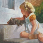 Me and My Shadow - little girls with her cat by artist Susan Blackwood