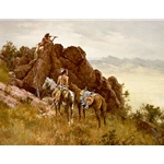 Far Seeing Glass - Indian war party with telescope by western artist Howard Terpning