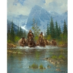 ~ Land of the Tetons - cowboys lead packhorses through river by G. Harvey