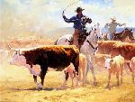 Between Sun and Sod - Roping Cattle by western artist Bruce Greene
