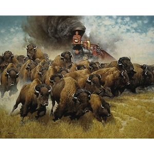 The Coming of the Iron Horse - Bison and train by western artist Frank McCarthy