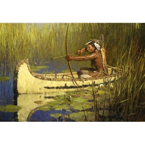 Solitary Hunter - Woodland Indian hunter in canoe by western artist Zhou S. Liang