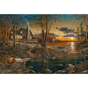 Comforts of Home - log home at sunset on the lake by artist Jim Hansel