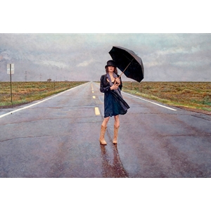 The Road Less Traveled - woman on highway in flat midwest by artist Steve Hanks