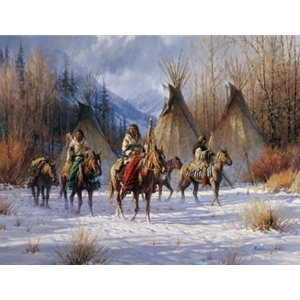 Hunter's Morning - Warriors leaving camp by western artist Martin Grelle