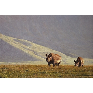 The Survivors - Pair of eastern black rhinos at Ngorongoro Crater by wildlife artist Simon Combes