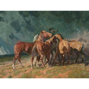 Storm on the Plains - horses gathering as thunderstorm approaches by Bruce Greene