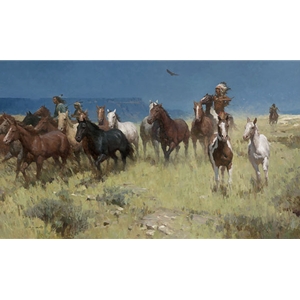 Plunder of Many Horses - Plains Indians driving herd of horses by artist Z. S. Liang