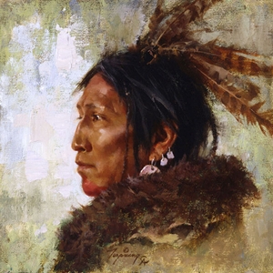 Hawk Feathers - portrait of North Plains Indian warrior by Howard Terpning