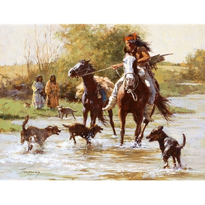 Yapping Dogs - Indian warrior is welcomed home, painting by Howard Terpning