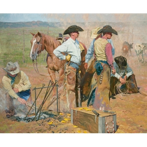 In the Dust of Days Past - Cowboys branding cattle by Bruce Greene