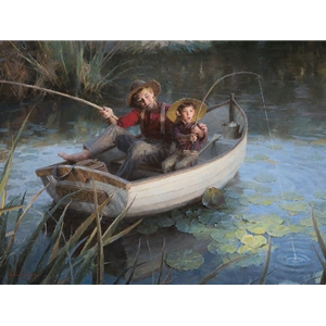 The Fishing Hole - boys in dory on summer day by nostalgia artist Morgan Weistling