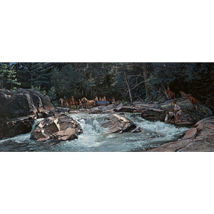 Wilderness Inroads - pioneers crossing river by artist John Buxton