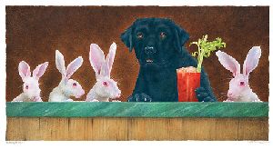 the hare of the dog...-Black lab and white rabbits by Will Bullas