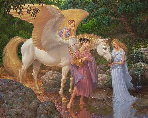 Pegasus and the Muses - Illustrated Greek fable by artist Scott Gustafson