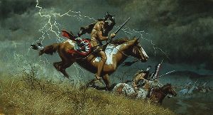 When Omens Turn Bad - Indian warriors in lightning storm by Frank McCarthy