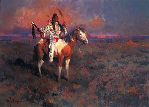 Mystic of the Plains - Indian Warrior on horse at sunset by James Reynolds