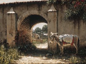 Los Amigos - Donkey waiting by stone archway by artist George Hallmark